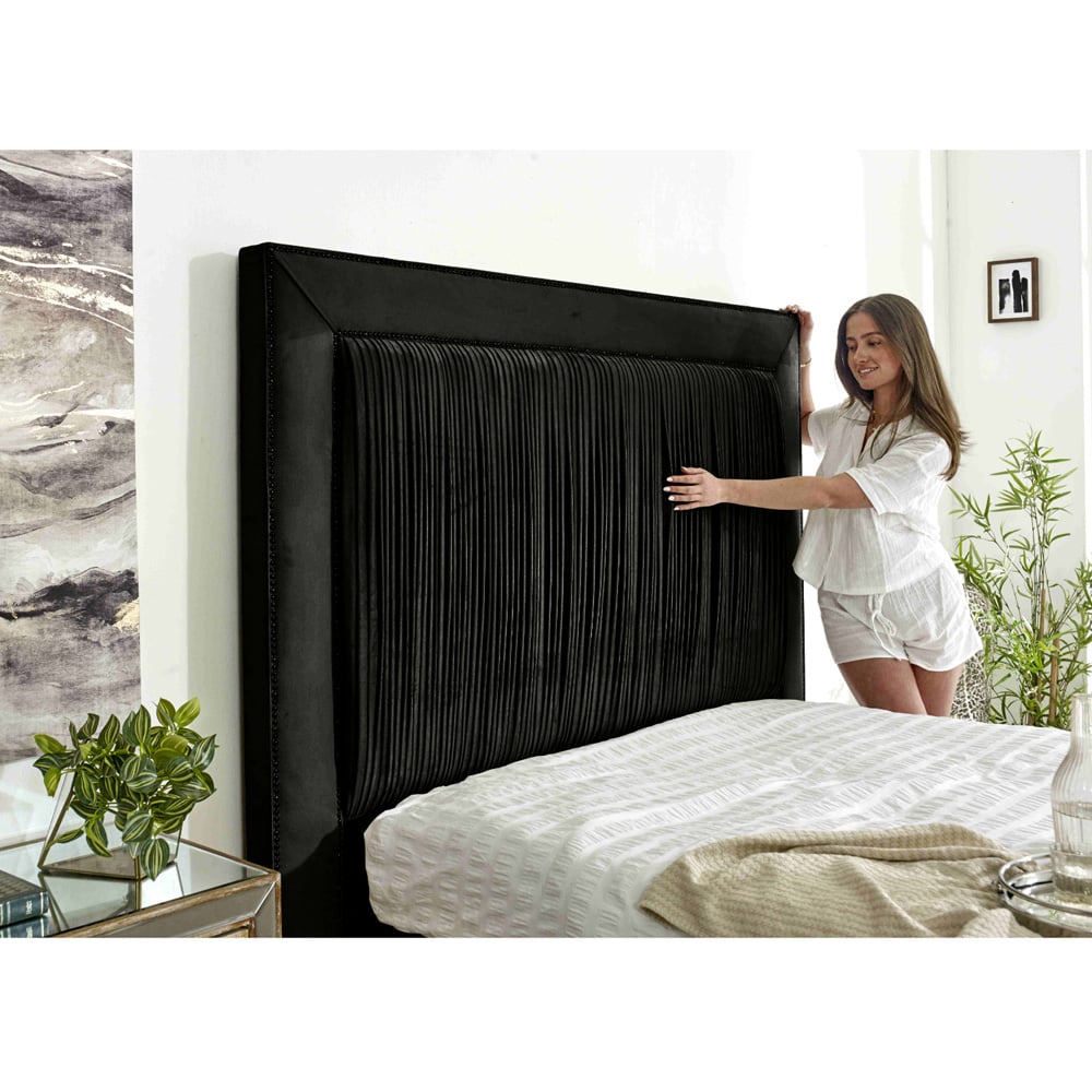 Eleganza Alexandra Super King Size Black Plush Velvet Bed Frame with Pleated Headboard Image 2