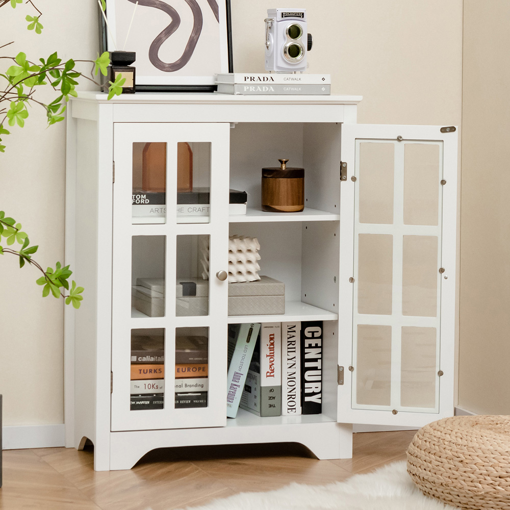 Costway 2 Door White Glass Floor Cabinet with Adjustable Shelves Image 3