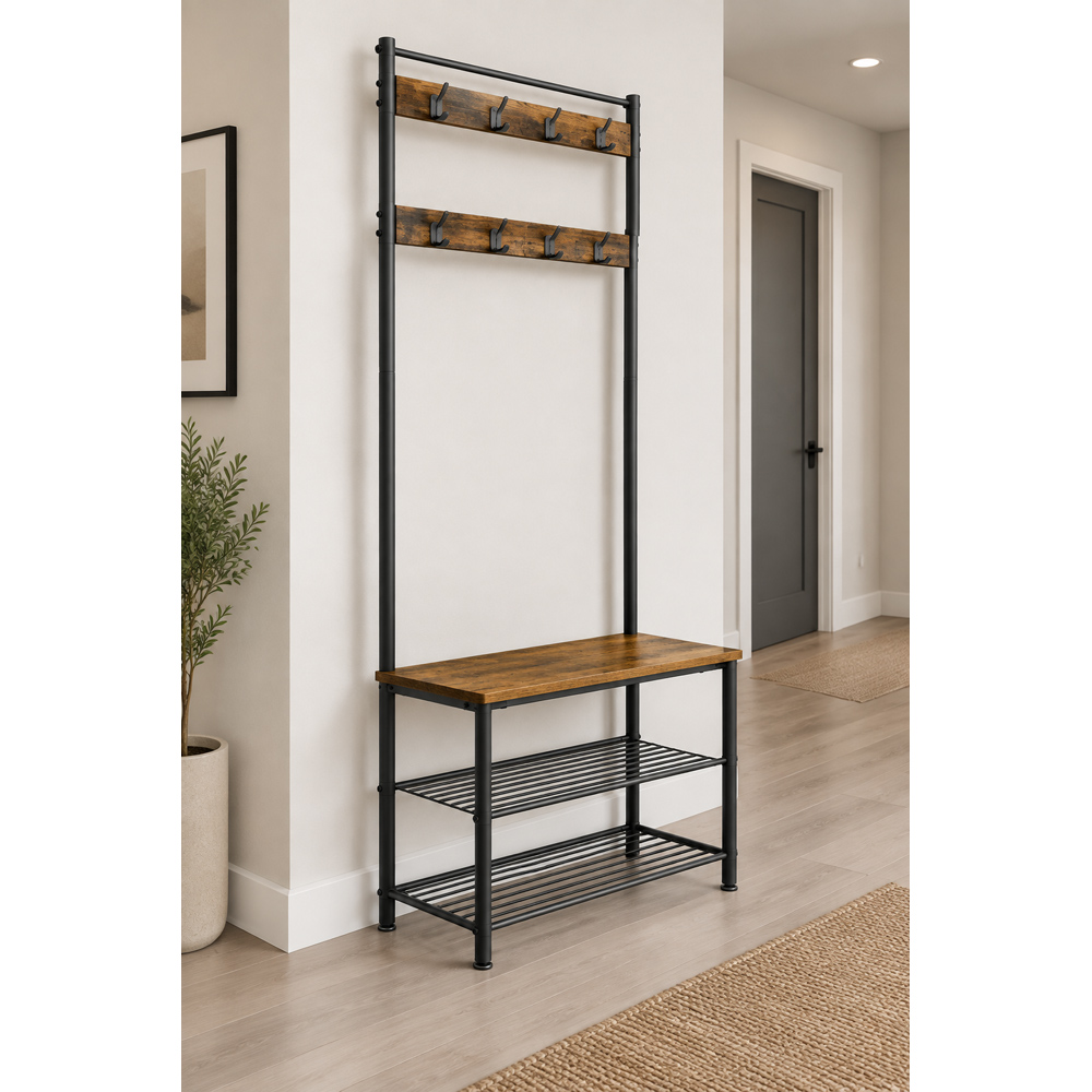 Modcraft 3-in-1 2 Shelf Industrial Coat Stand with Shoe Bench Image 5