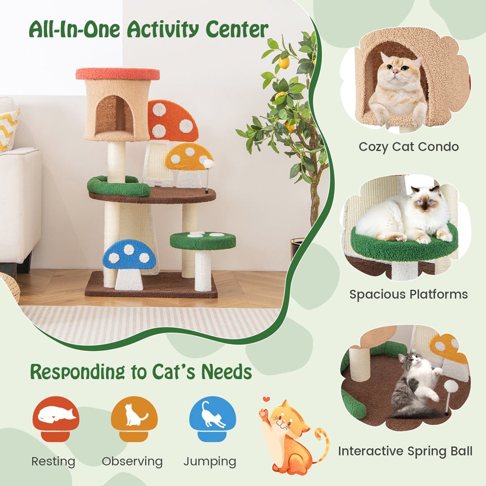 Costway Multicolour Mushroom Cat Tree Tower with Natural Sisal Posts 102cm Image 6