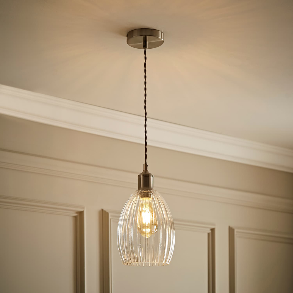 ValueLights Cheltenham Ribbed Shade Brushed Chrome Ceiling Pendant Light with Bulb Image 6