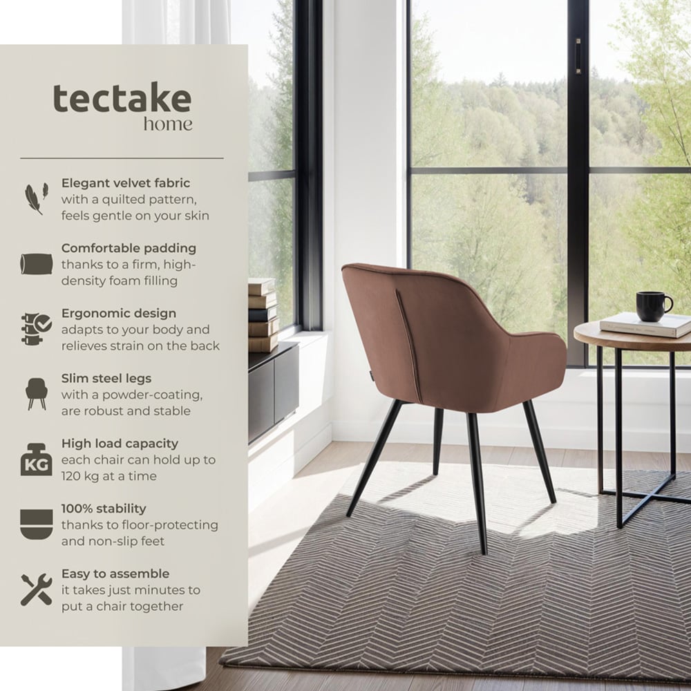 tectake Marilyn Set of 6 Brown and Black Quilted Velvet Dining Chair Image 3