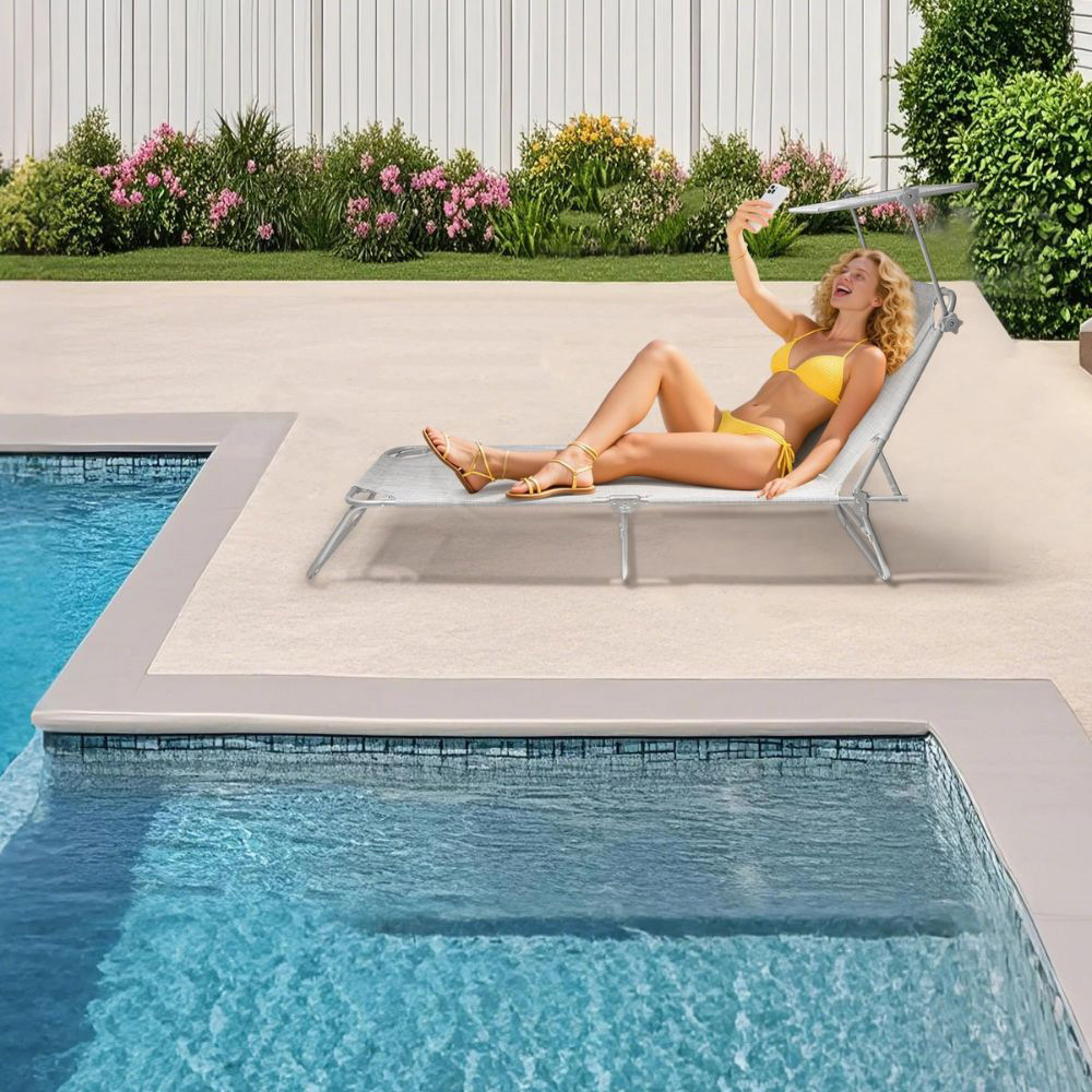 Alivio Beige Foldable Recliner Sun Lounger with Adjustable Sunshade Image 2