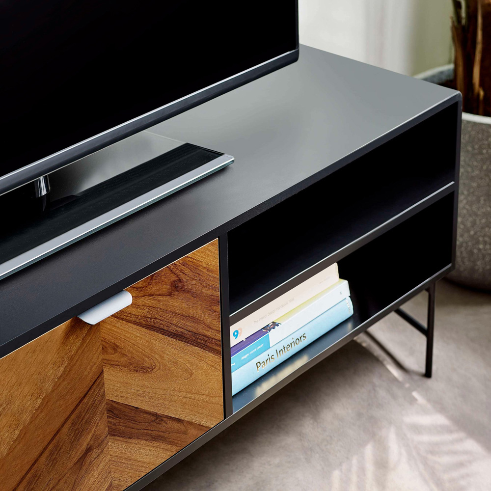 Julian Bowen Alvin 2 Door 2 Shelf Black and Chevron Natural Wood Effect TV Unit Image 6