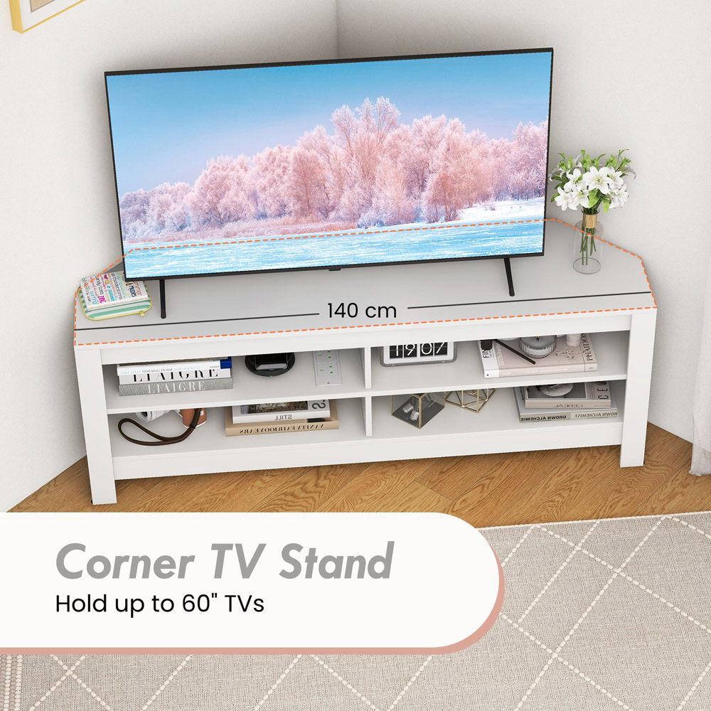 Costway 4 Shelf White Corner TV Unit with Power Outlet Image 8