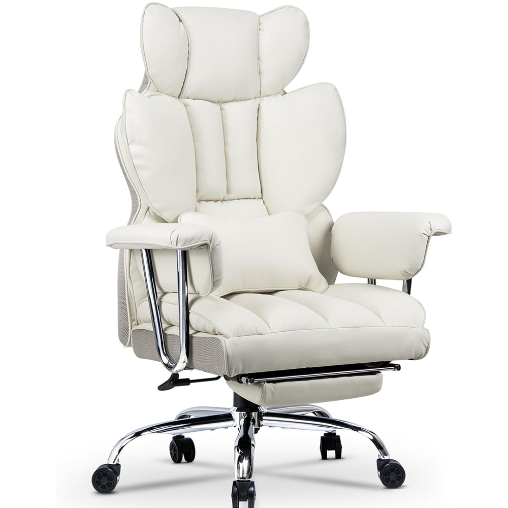 Rattrix White Leather Ergonomic High Back Swivel Office Chair with Footrest Image 2
