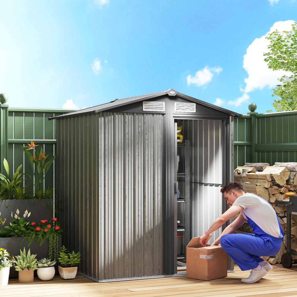 Outsunny 4.6 x 3.9ft Grey Sloped Roof Metal Storage Shed with Sliding Door Image 2