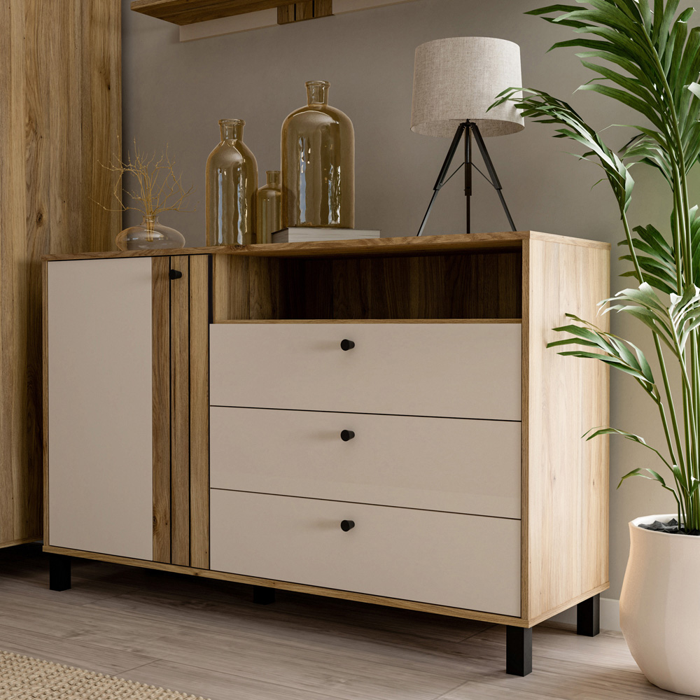 Florence Grafton Single Door 3 Drawer Single Shelf Cream and Oak Sideboard Image 7