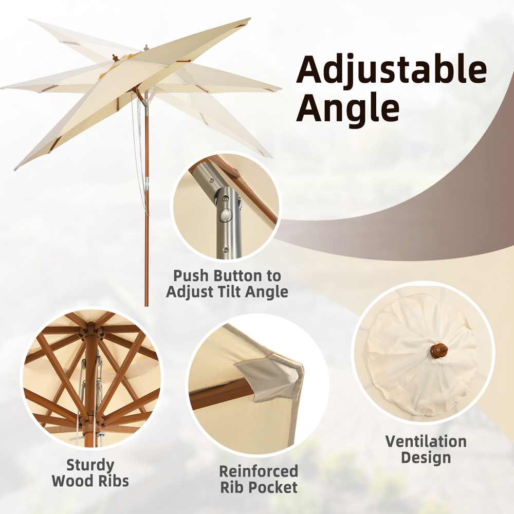 Costway Wooden Tilt Parasol with 8 Ribs 3m Image 8