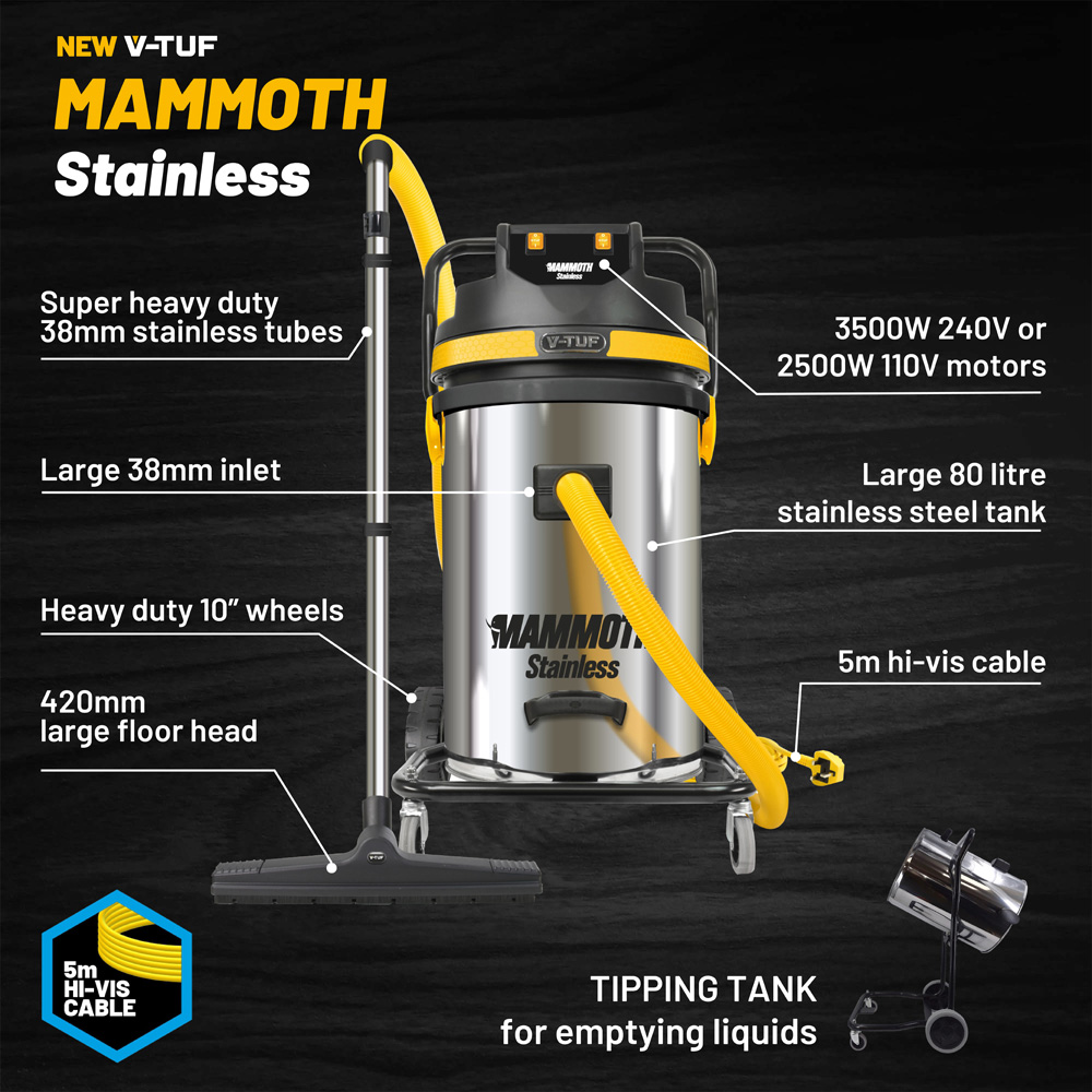 V-TUF MAMMOTH240-STAINLESS Wet and Dry Motor Powered Vacuum Cleaner 3500W Image 3