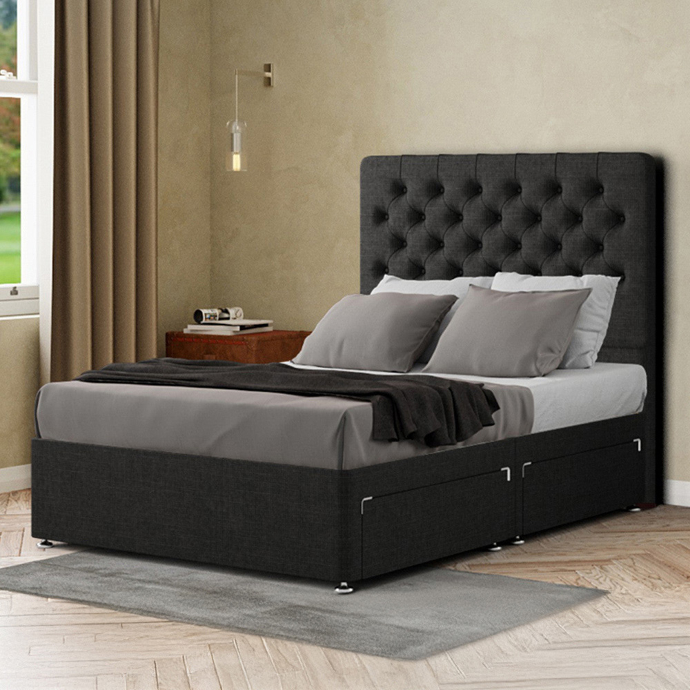 Portland Winchester Single Black Linen Divan Bed with 2 Drawers and Headboard Image 1