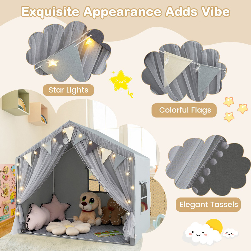 Costway Kids Grey Large Tent House Play Set with Fabric and Screen Curtains Image 5