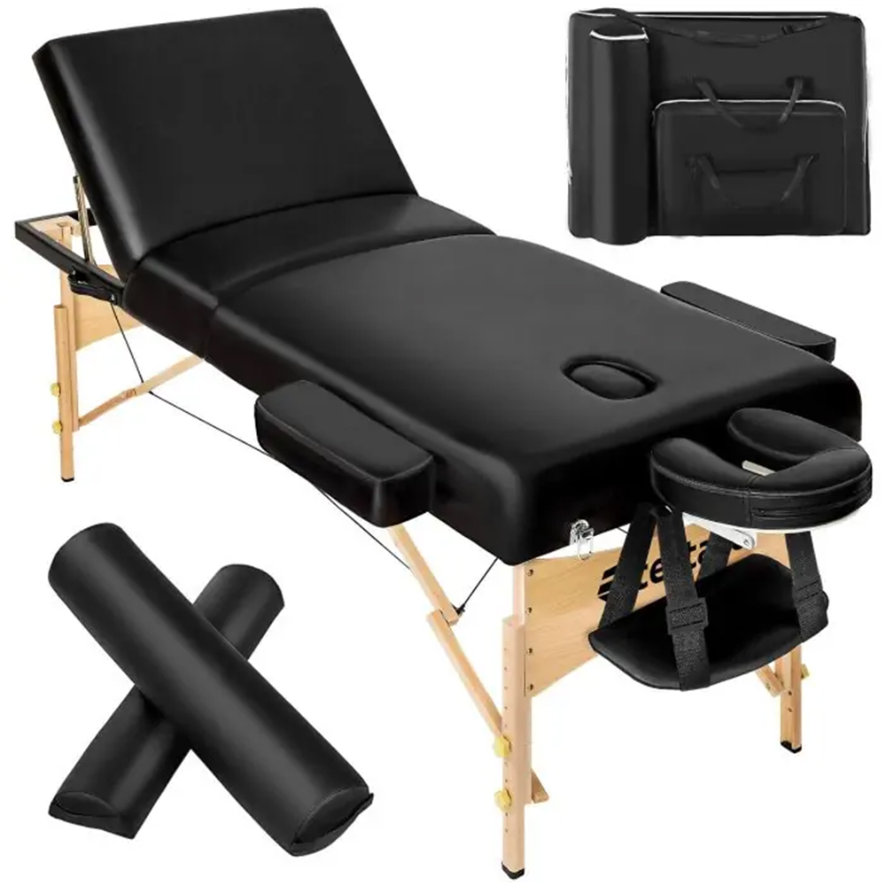 tectake Black 3 Zone Somwang Massage Table with Headrest Armrests Footrest and Bolster Set Image 1