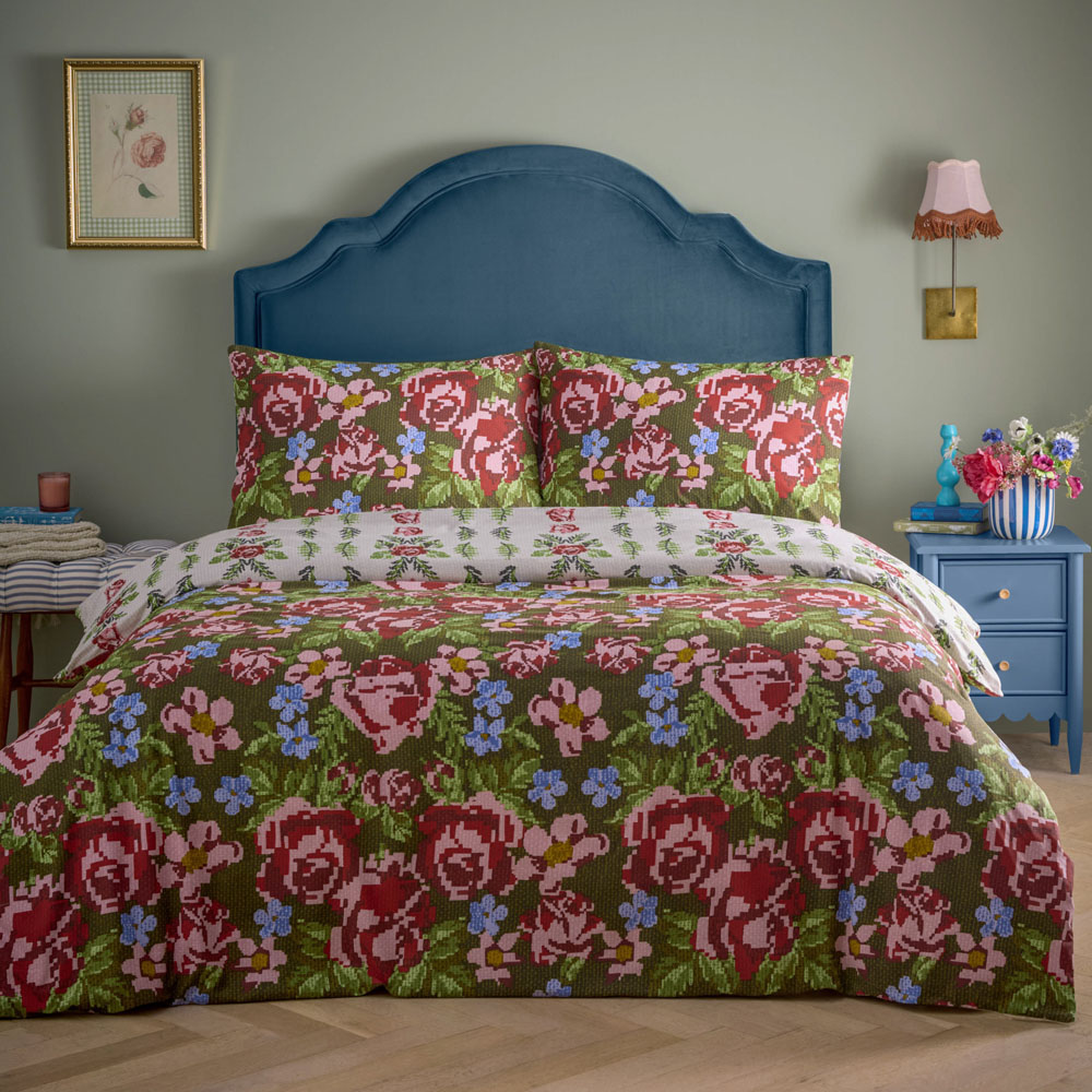 furn. Feeoni Cottage King Size Floral Willow Green Duvet Set Image 1