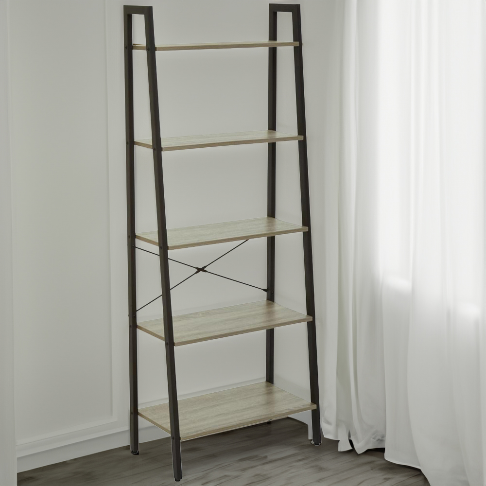 Premier Housewares Bradbury 5 Shelf Grey Oak Veneer Ladder Bookshelf Image 1