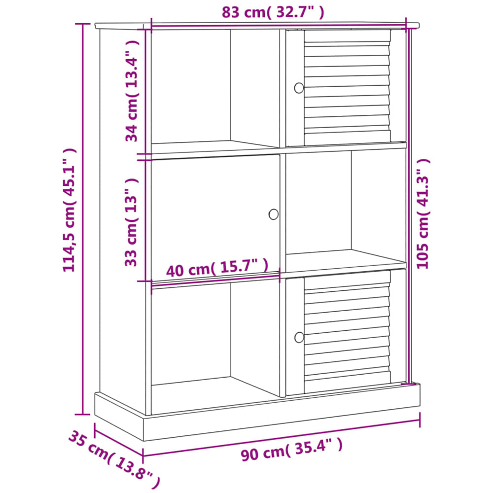 vidaXL 3 Door 3 Shelf White Pine Wood Bookcase Image 9