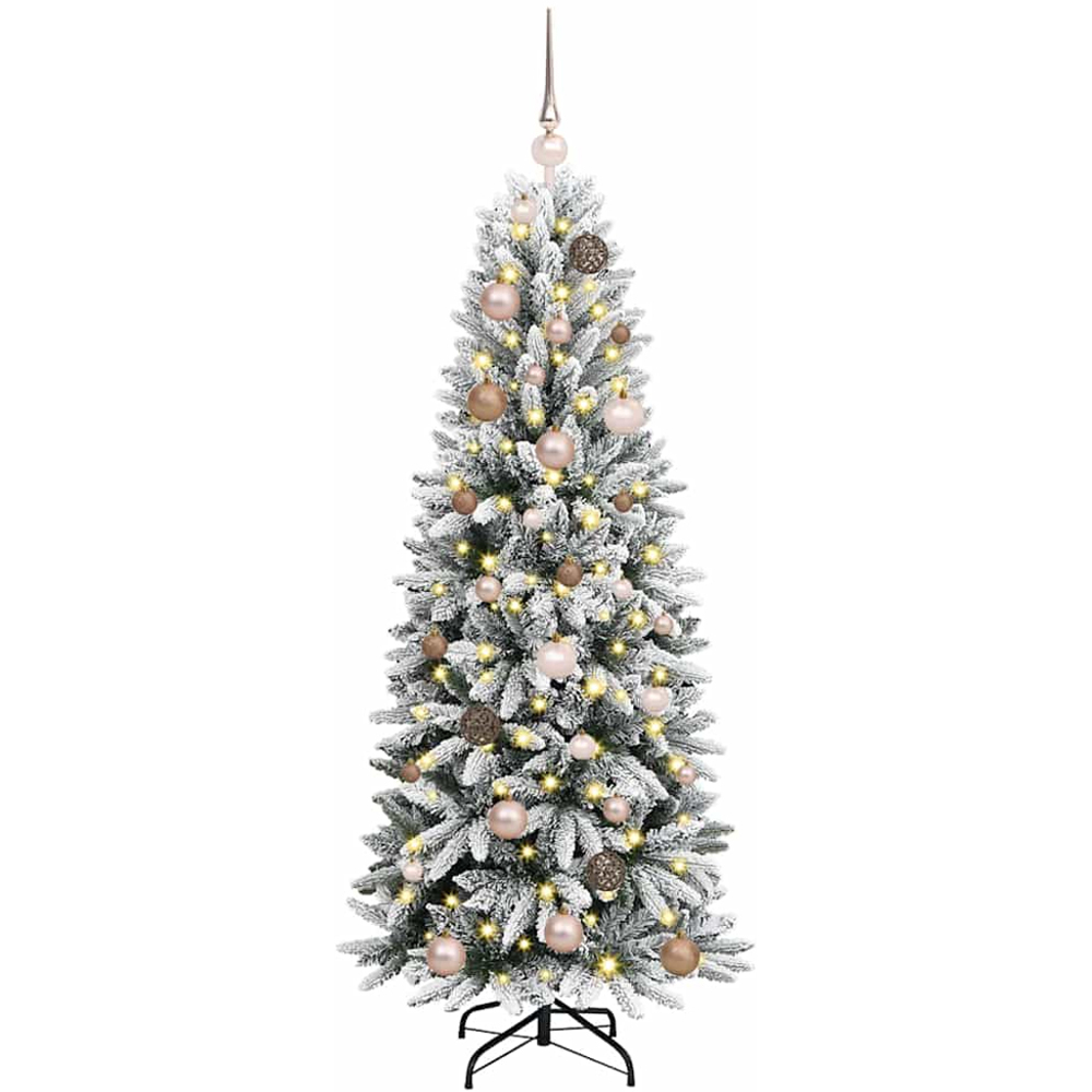 vidaXL Pre-Lit Rose Gold Baubles Artificial Snow Flocked Christmas Tree 5ft Image 1