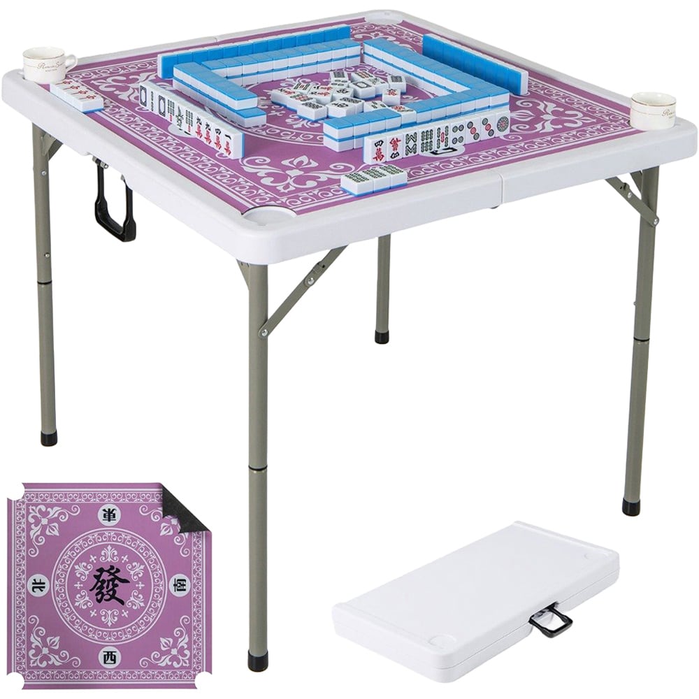 Costway Pink Folding Mahjong Table with Removable Game Mat and Cup Holder Image 1