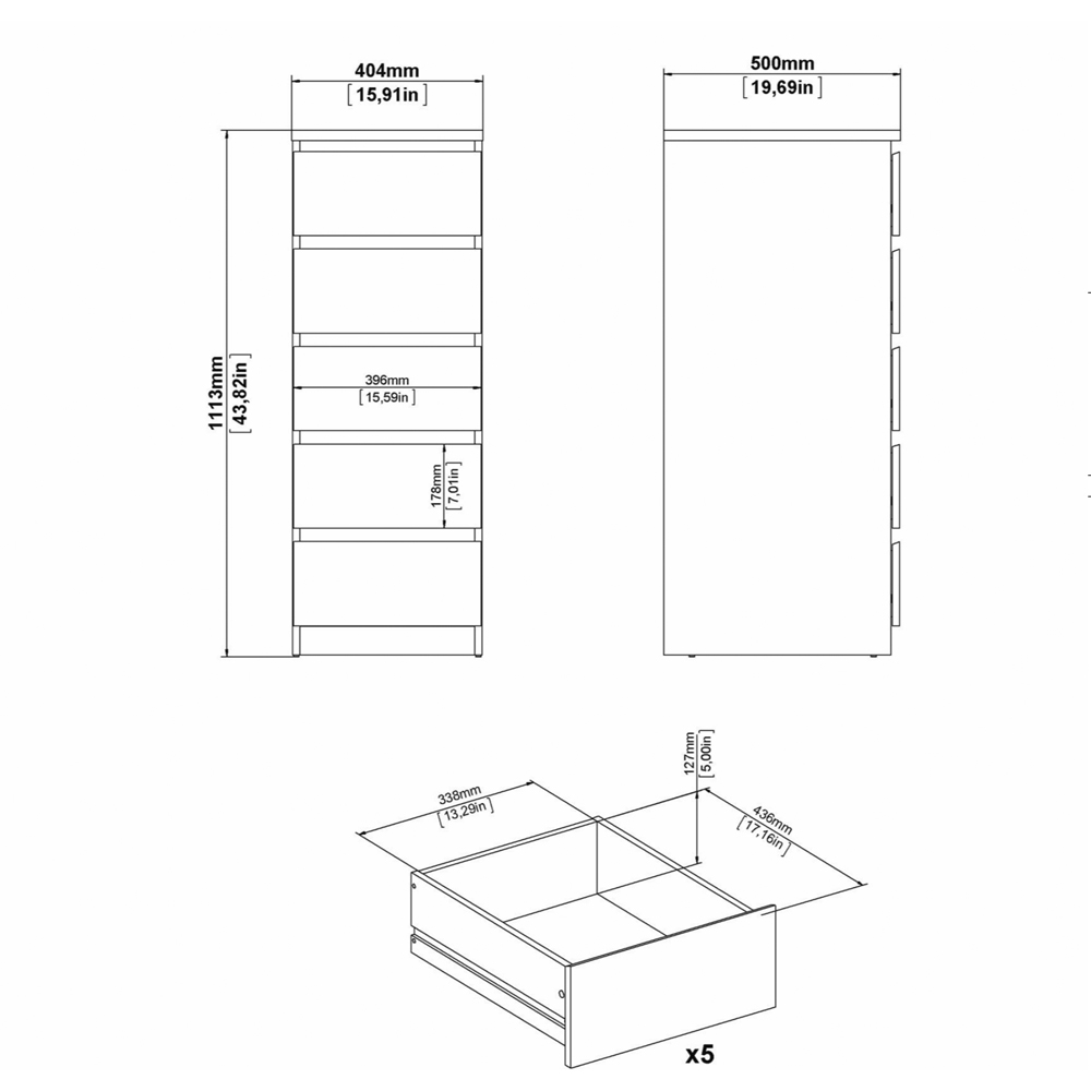 Florence 5 Drawer Concrete and White High Gloss Narrow Chest of Drawers Image 9