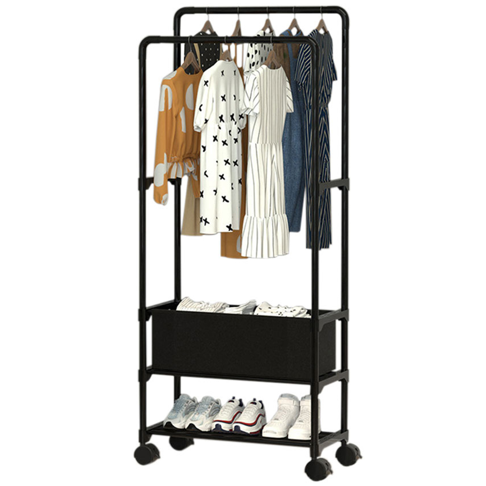 Living and Home Double Rod Metal Clothes Rack with Wheels and Laundry Basket Image 3