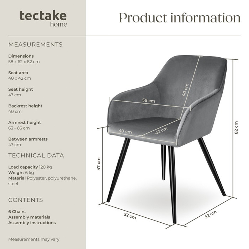 tectake Marilyn Set of 6 Grey and Black Velvet Padded Dining Chair Image 9
