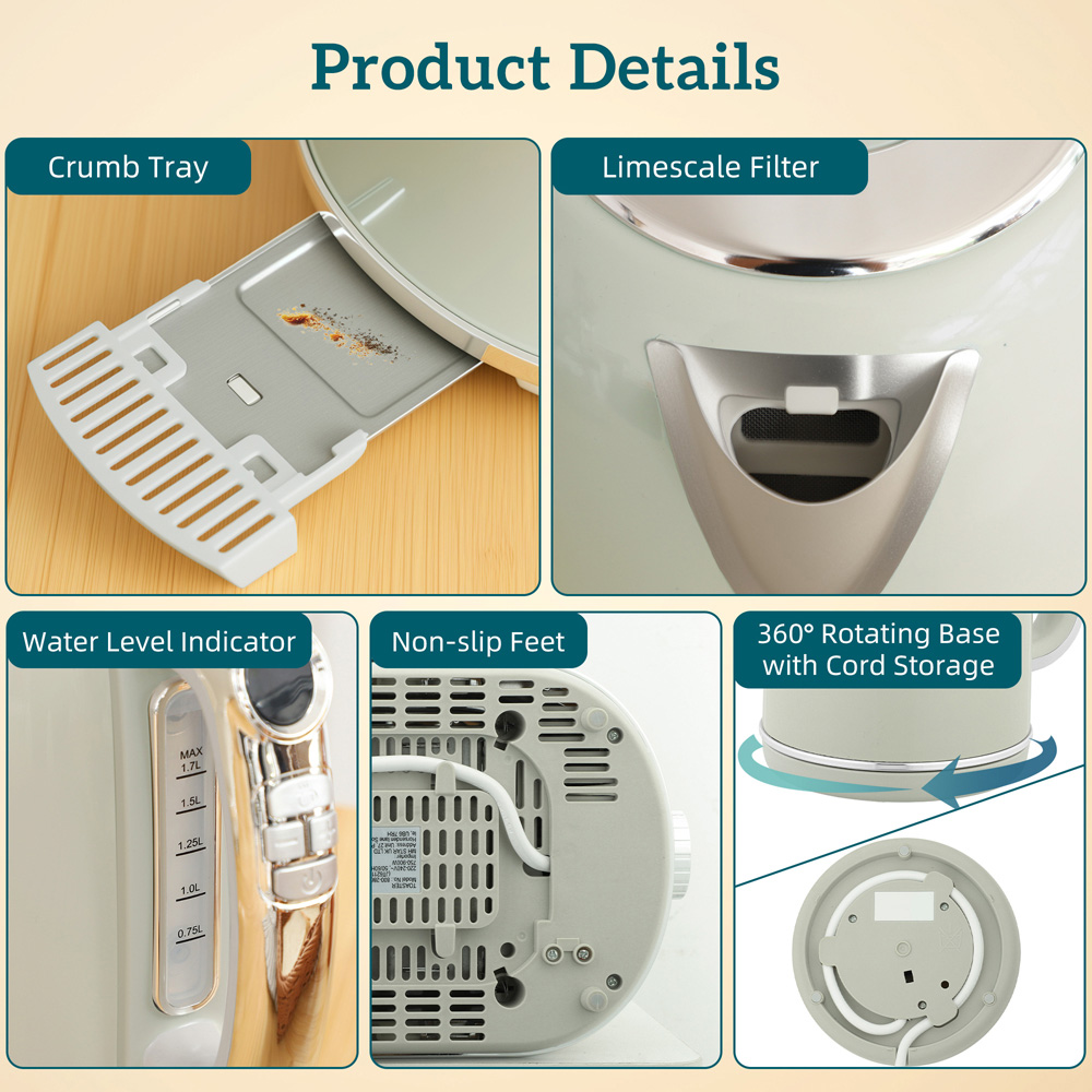 HOMCOM 800-286V70GY Grey Retro Digital 1.7L Kettle and 2 Slice Toaster Set 3000W Image 3