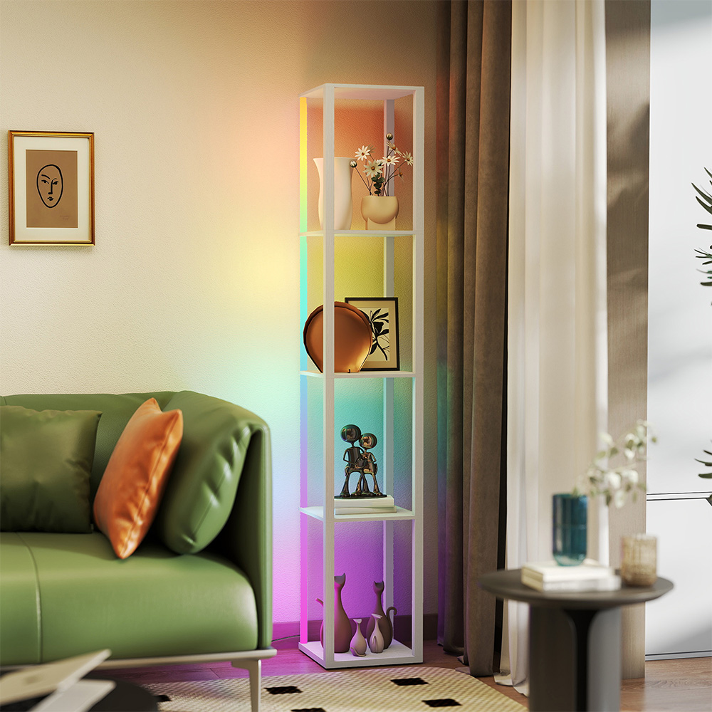 HOMCOM 4 Shelf Oak RGB LED Floor Lamp with Remote Image 3