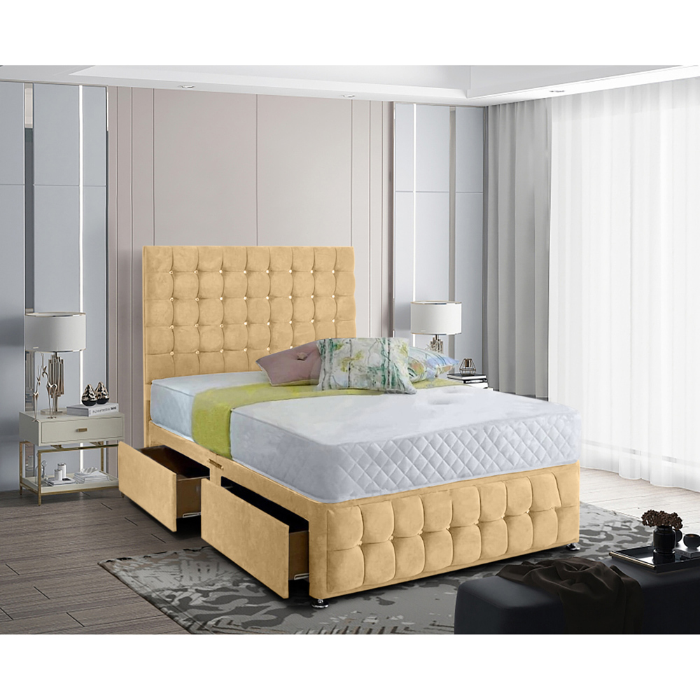 Eleganza Home Cloudrest Super King Size Beige Plush Velvet 2 Drawer Divan Bed with Headboard Image 2
