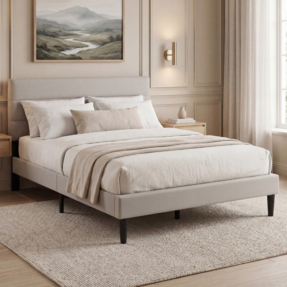 VIDA DESIGNS Vandura King Size Beige Linen Fabric Bed with Memory Foam Bonnell Spring Mattress Image 1