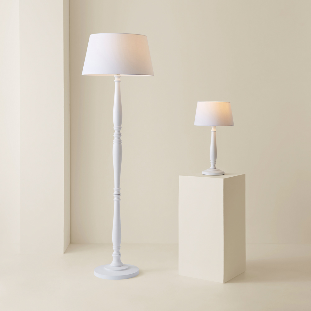 ValueLights Victoria White Fabric Tapered Shade Light Wood Traditional Stem LED Floor Lamp Image 6