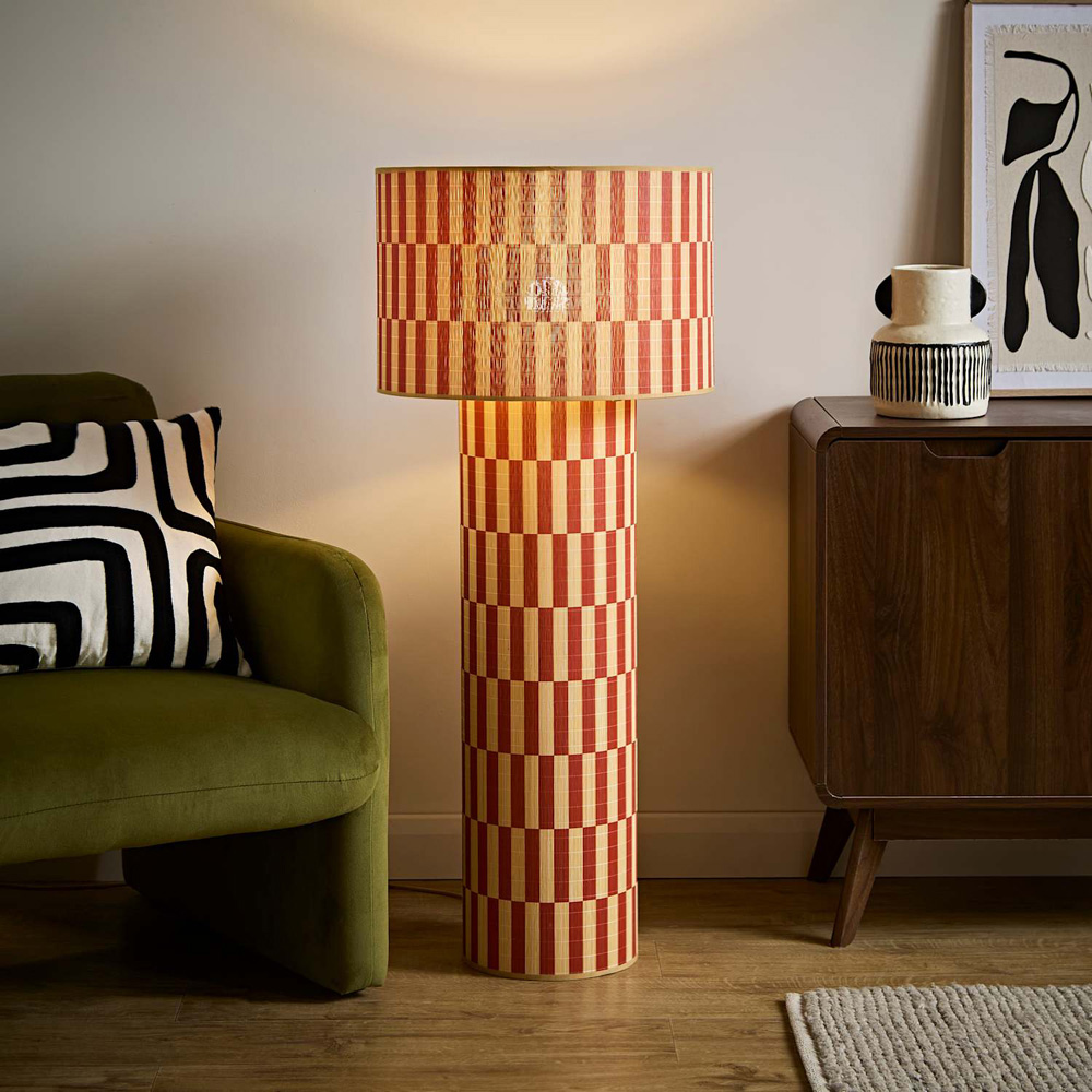 ValueLights Lori Orange Checkerboard Print Bamboo Midi Floor Lamp with Bulb Image 5