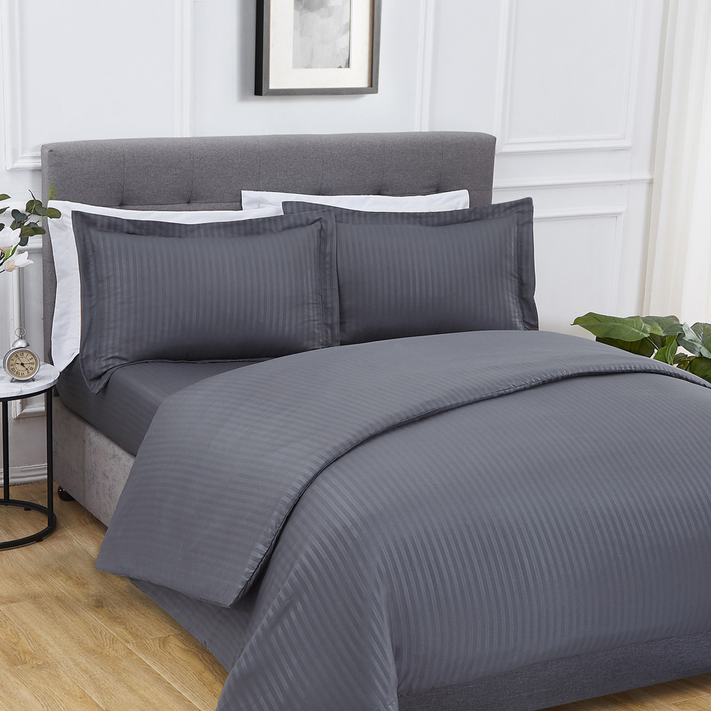 Smart Living Double Charcoal Microfibre Satin Stripe Complete Bedding Set Image 1