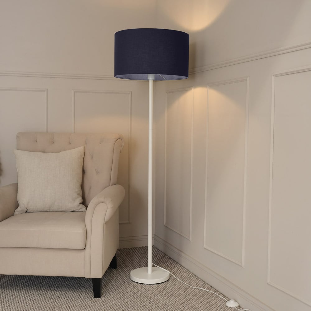ValueLights Charlie Navy Drum Shade White Floor Lamp and Bulb Image 2