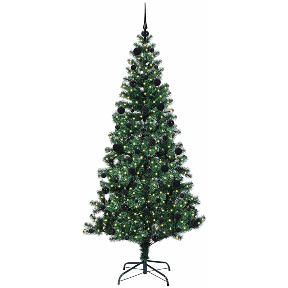vidaXL Pre-Lit Black Baubles Green Artificial Christmas Tree 7ft Image 1