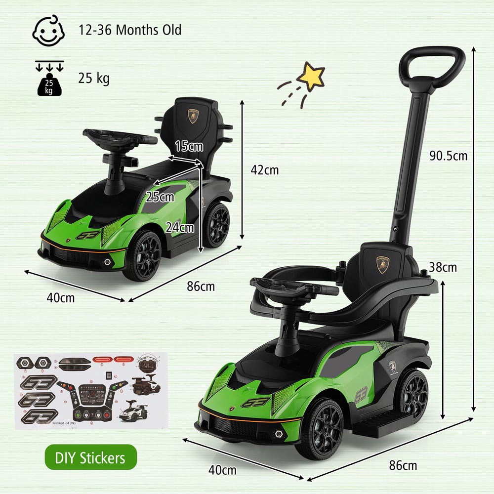 Costway Kids Green Licensed Lamborghini Ride On Push Car with Removable Guardrails and Handle Image 8