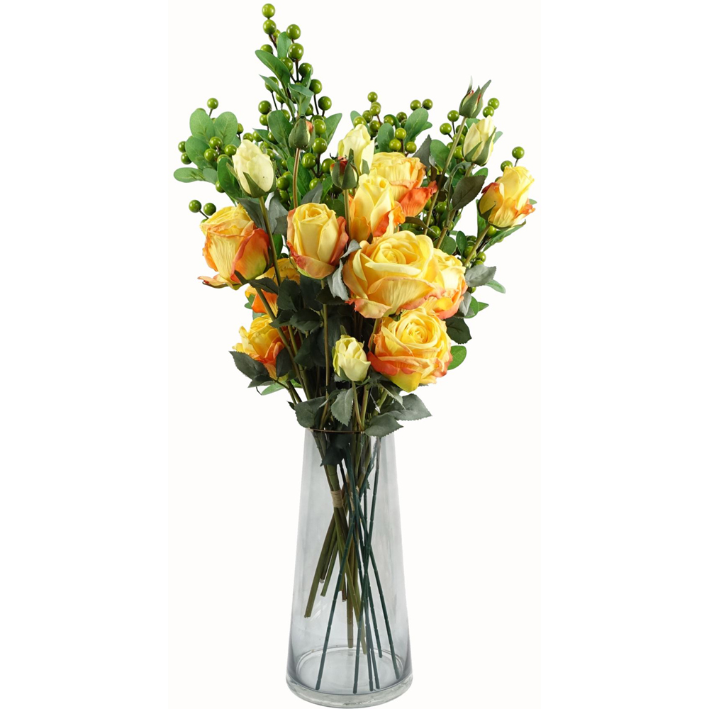 Leaf Yellow Rose Artificial Flower Bundle with Glass Vase 60cm 6 Pack Image 1