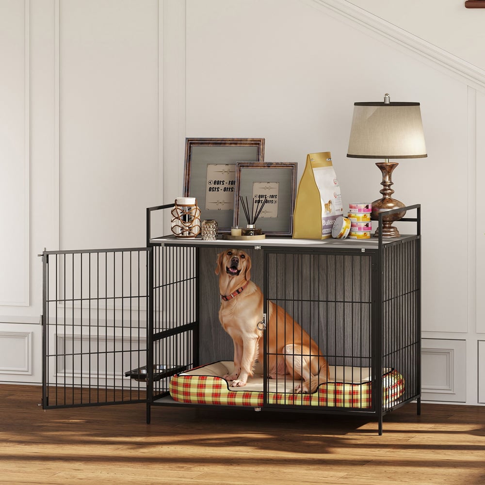 PawHut Grey Large Dog Crate with Rotating Bowl Holder Image 2
