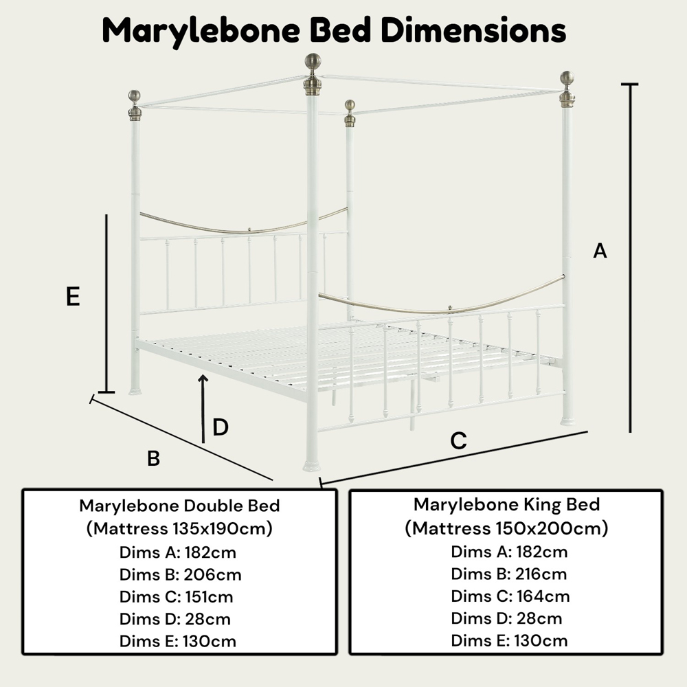 OAT Home Marylebone Double White and Brass Metal 4 Poster Bed Frame Image 9