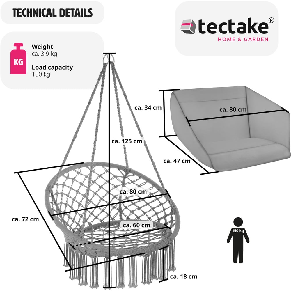 tectake Grazia Grey Swing Chair with Seat and Back Cushion Image 8