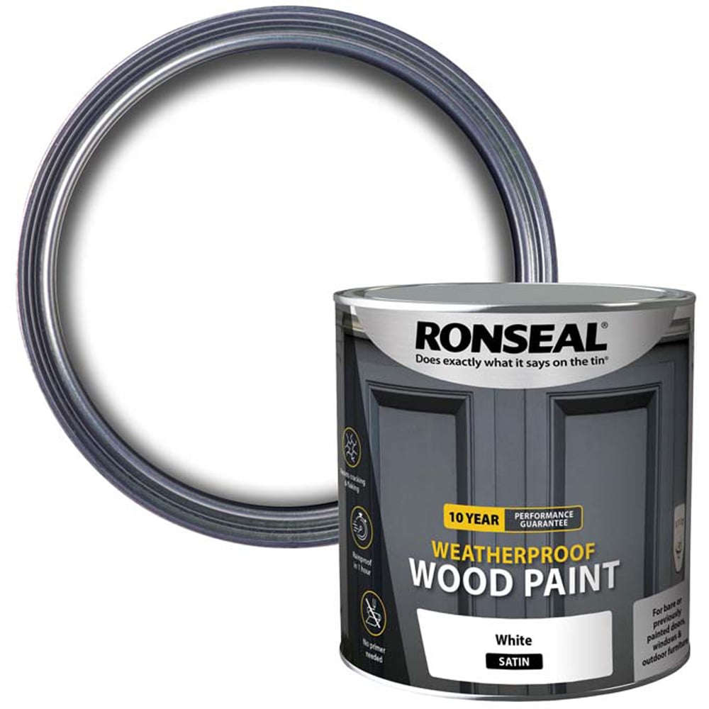 Ronseal 2 in 1 10 Year Weatherproof White Satin Primer Wood Paint 2.5L Image 1