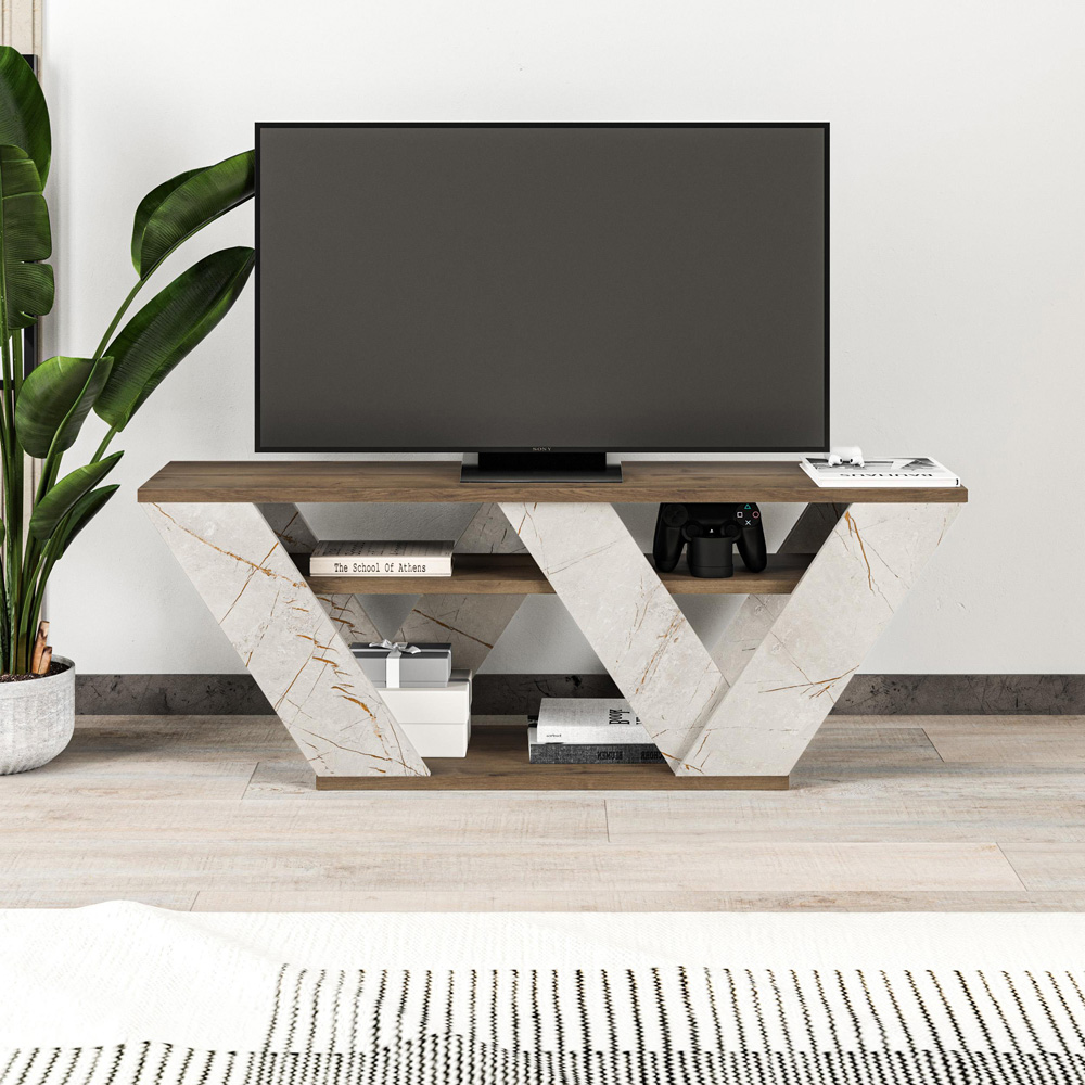 Decortie Pipralla 2 Shelf Gold Marble Effect and Dark Oak TV Unit Image 4