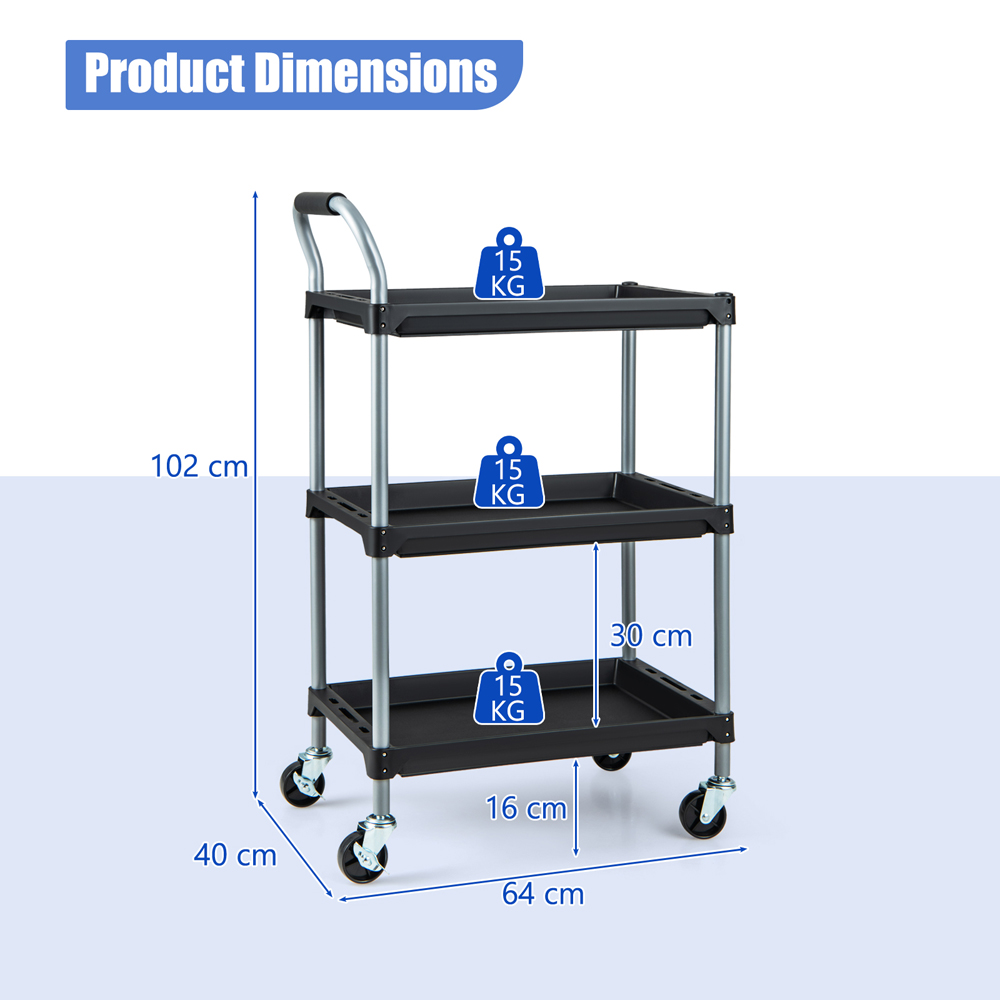 Costway 3 Shelf Black Utility Cart Image 9