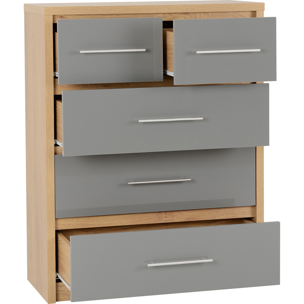 Seconique Seville 5 Drawer Grey Gloss Light Oak Effect Veneer Chest of Drawers Image 4