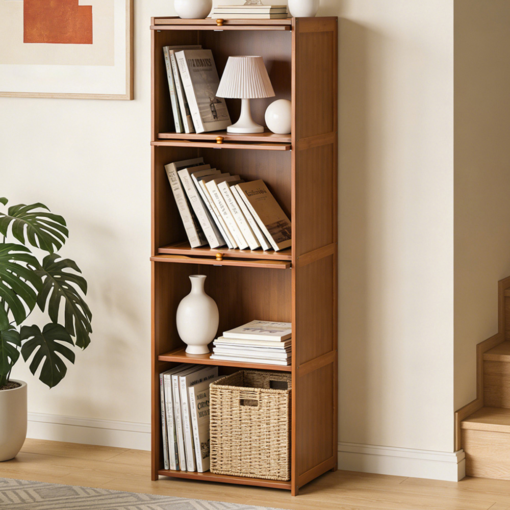 Living and Home 4 Acrylic Door Brown Bamboo Bookcase Image 1