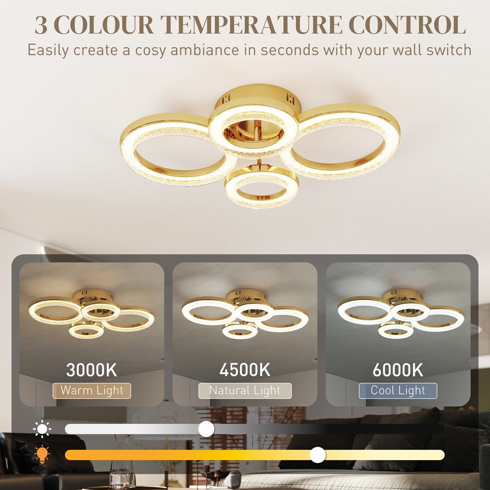 HOMCOM Modern Gold 4 Ring Flush Mount LED Ceiling Light Image 8