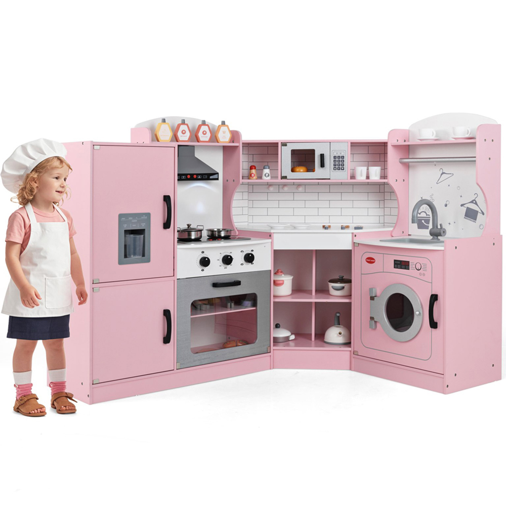 Costway Pink Wooden Corner Play Kitchen with Sounds and Lights Image 3