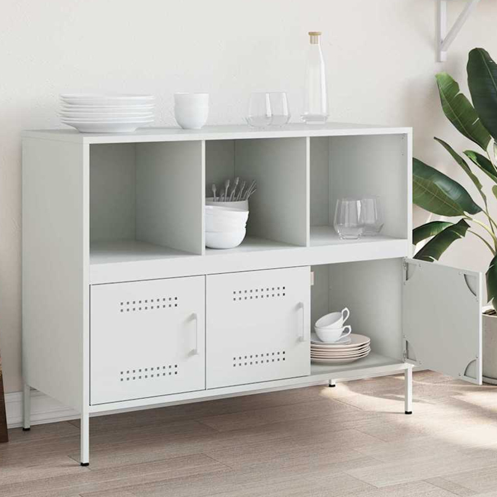 vidaXL 3 Door 3 Shelf White Steel Sideboard Image 1