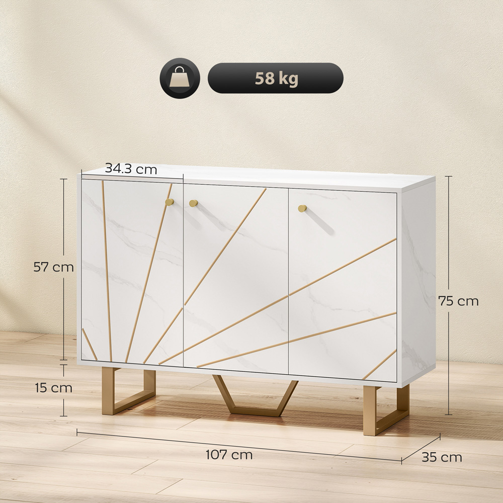 Portland 3 Door White and Gold Tone Marble Texture Sideboard Image 9