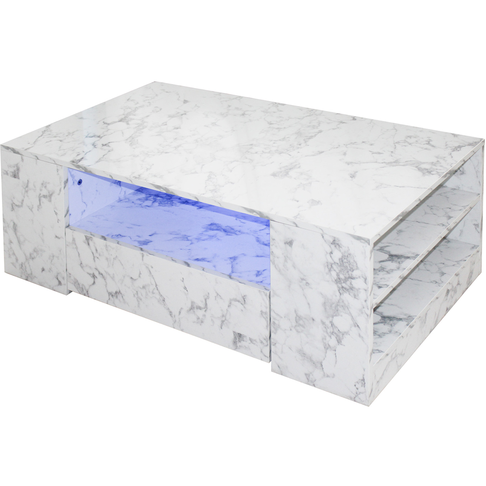 Comfy Living 5 Shelf 2 Drawer White Marble Effect High Gloss LED Coffee Table Image 2