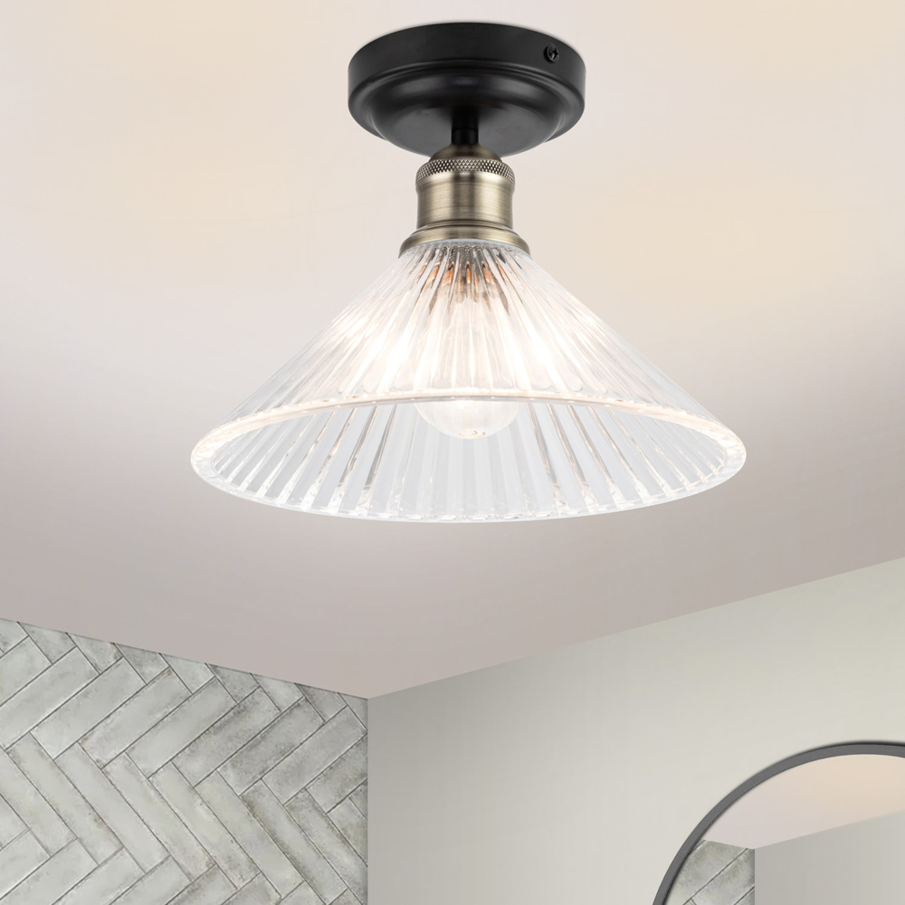 Cosylyte Bowley Matt Black Ribbed Glass Flush Ceiling Light Image 2